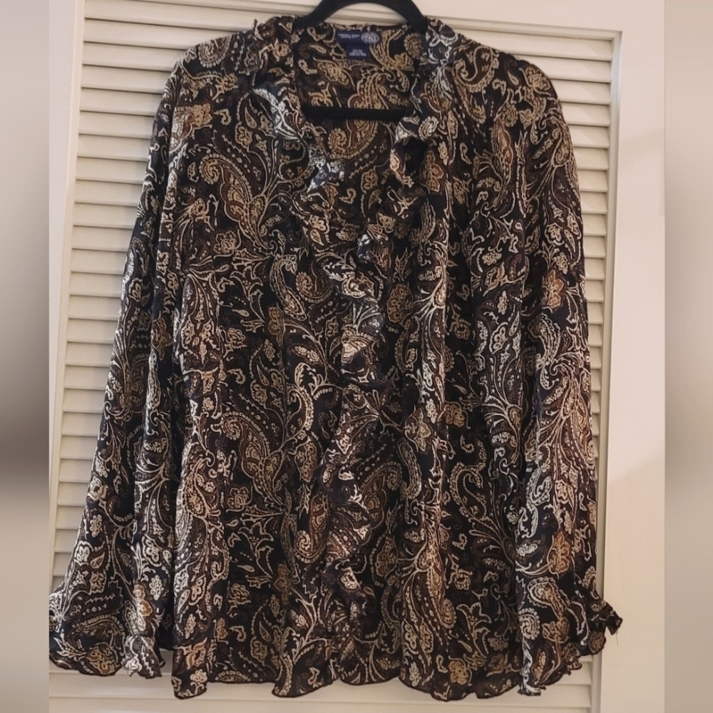 Venezia Jeans - (Plus-Size) Black/Brown/White 100% Silk Paisley Ruffle Top